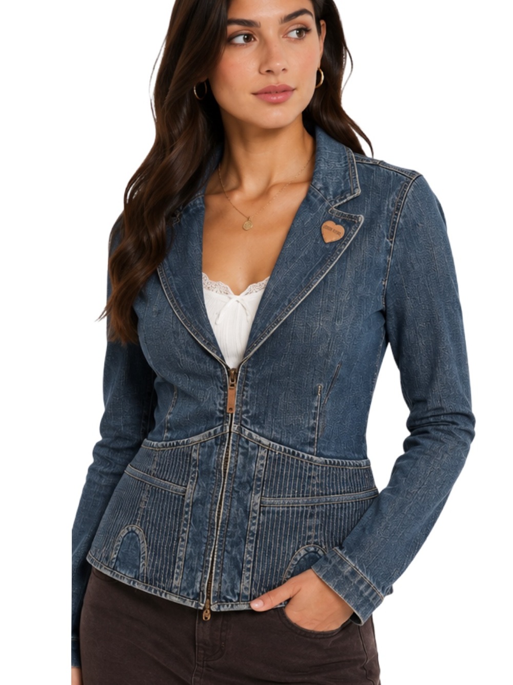 Simon Chang Denim Y2K Corset Blazer Jacket Zip Front Heart Logo Size 8